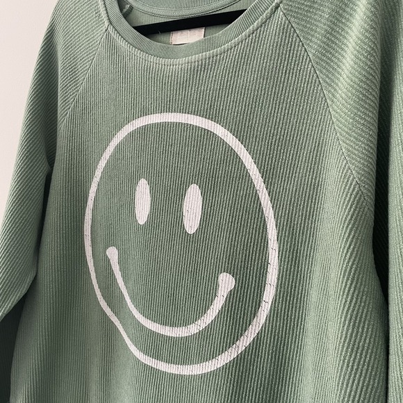 Altar'd State Smiley Face Ribbed Knit Crewneck Frosty Green Sz S Oversized Cozy - Picture 5 of 12